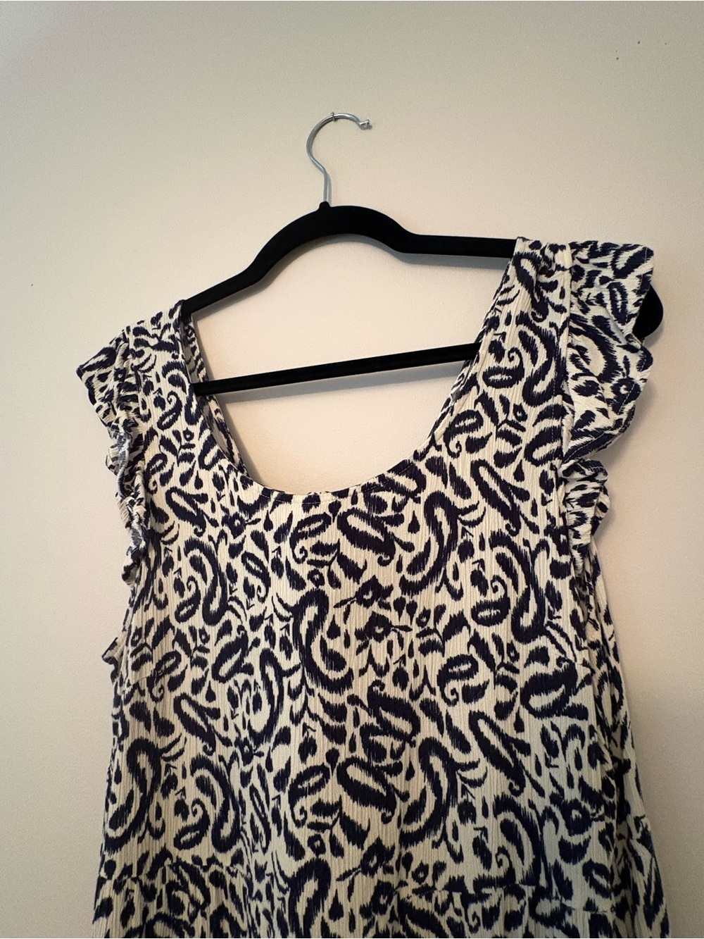 Navy Blue & Cream Paisley Crinkle Tie-Back Flutter Sleeve Midi Dress Size XL - Picture 3 of 6